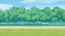 a cartoon drawing of a person riding a broom in a field