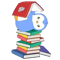 a blue penguin is sitting on top of a stack of books