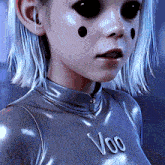 a close up of a person 's face with the word voo on it
