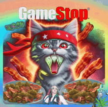 a cat with a bandana on its head is surrounded by bacon and marijuana