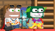 a pixel art drawing of a man and a monster