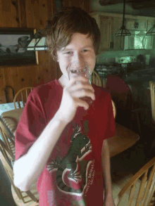 a young boy wearing a red shirt with a lizard on it is drinking from a glass