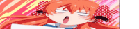 a girl with red hair and a bow on her head is making a funny face