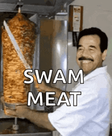 a man with a mustache is holding a large piece of meat in front of a grill .
