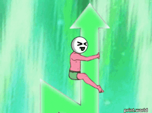 a cartoon of a person sitting on a green arrow with printworld written below it