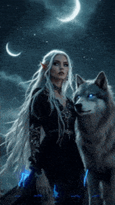 a woman standing next to a wolf with blue eyes