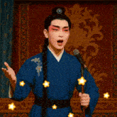 a man in a blue kimono is singing into a microphone with chinese writing surrounding him