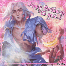 a picture of a man holding a cake with the words happy birthday to you