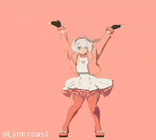 a girl in a white dress and red stockings is dancing .