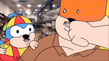 a cartoon of a squirrel and a man in a store with a sign that says 9