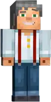 a minecraft character wearing suspenders and a blue shirt