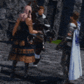 a woman in a blue dress is standing next to two men in armor