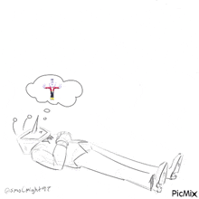 a drawing of a person laying down with a thought bubble that says picmix on it