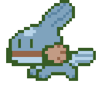 a pixel art drawing of a frog with a green tail