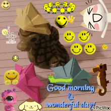 a picture of a cat and smiley faces with the words good morning and wonderful day