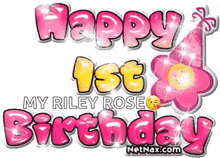a happy 1st birthday greeting card for a little girl with a pink flower and a party hat .