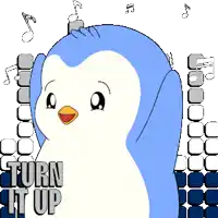 a blue and white penguin with the words turn it up on its chest