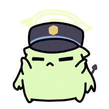 a cartoon frog wearing a police hat with a yellow badge on it