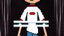 a pixel art of a person with a white shirt and blue pants