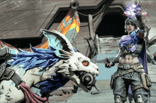 a video game character is standing next to a rabbit with blue feathers