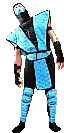 a pixel art of a man in a blue and black ninja costume standing on a white background .