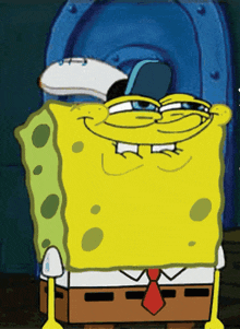 a cartoon of spongebob wearing a hat and a red tie