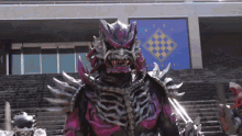 a monster is standing in front of a building with a checkered sign