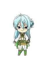 a chibi character with long white hair and green clothes is holding a green umbrella .