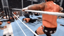 a wrestling match is going on in a ring with a rope around the ring .