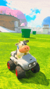 a cartoon cow is driving a car on a grassy field