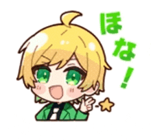 a cartoon of a boy with yellow hair and green eyes is giving a thumbs up .