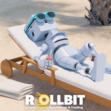 a robot is laying on a beach chair with a drink in his hand