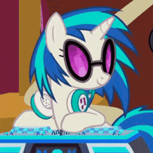 a cartoon pony wearing sunglasses and headphones has the letter g on her neck