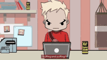 a cartoon of a man sitting at a desk with a laptop and a can of yeet energy drink