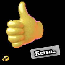 a pixelated thumbs up with a sticker that says keren