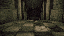 a dark hallway with a checkered floor and a lantern on the ceiling .