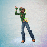 a girl wearing headphones and a green sweater is dancing