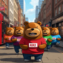 a group of bears wearing avax shirts are walking down a street