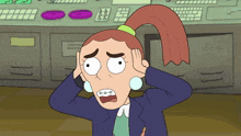 a cartoon of a woman with braces on her teeth covering her ears