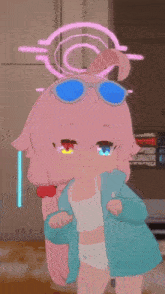 a cartoon girl with pink hair and blue glasses