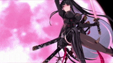 a girl with long black hair is holding a pink sword