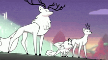 a cartoon drawing of three white animals with antlers