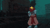 a yellow and red star is surrounded by lightning bolts in a dark room