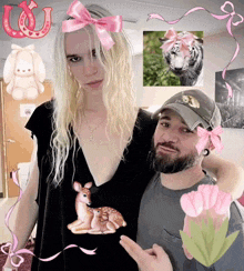 a woman with a pink bow on her head is standing next to a man with a beard