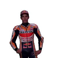 a man wearing a repsol jacket and sunglasses poses with his hands on his hips