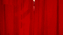 a woman in a black dress is standing in front of a red curtain with her arms outstretched
