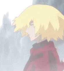 a cartoon character with blonde hair and a red and black plaid shirt
