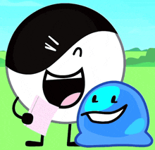 a black and white cartoon character holding a piece of paper next to a blue blob