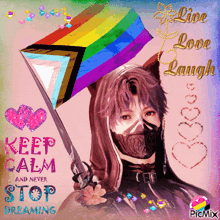 a picture of a person holding a kite with the words " keep calm and never stop dreaming " on it