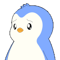 a blue and white penguin with a sad look on his face
